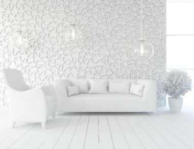 Beyaz Oda iç mobilya ile. İskandinav iç tasarım. 3D çizim