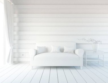 Beyaz Oda iç mobilya ile. İskandinav iç tasarım. 3D çizim
