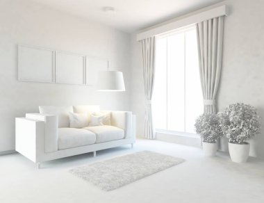 Bir beyaz İskandinav oturma odası iç kanepe, bitkiler ve ahşap zemin ile fikir. Ev nordic iç. 3D çizim 