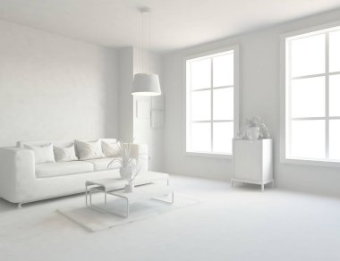 Bir beyaz İskandinav oturma odası iç kanepe, bitkiler ve ahşap zemin ile fikir. Ev nordic iç. 3D çizim 