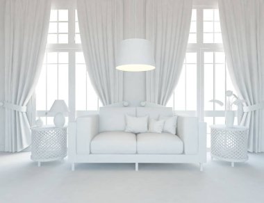 Bir beyaz İskandinav oturma odası iç kanepe ve bitki ile fikir. Ev nordic iç. 3D çizim 