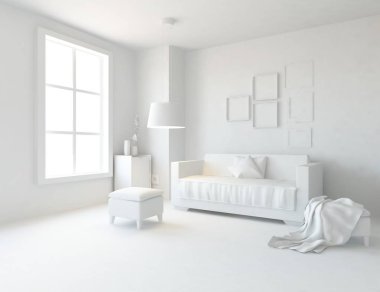 Bir beyaz İskandinav oturma odası iç kanepe ile fikir. Ev nordic iç. 3D çizim 