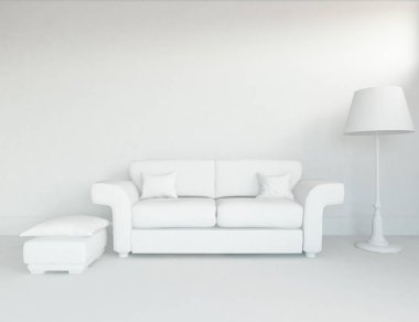 Bir beyaz İskandinav oturma odası iç kanepe ile fikir. Ev nordic iç. 3D çizim 