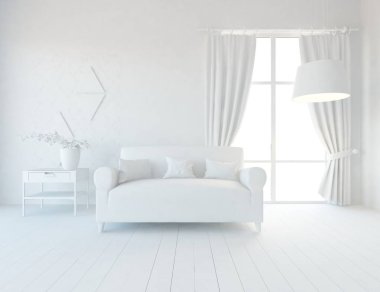 Bir beyaz İskandinav oturma odası iç kanepe ve bitki ile fikir. Ev nordic iç. 3D çizim 