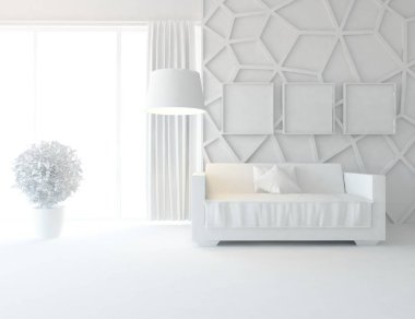 Bir beyaz İskandinav oturma odası iç kanepe ve bitki ile fikir. Ev nordic iç. 3D çizim 