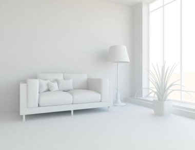 Bir beyaz İskandinav oturma odası iç kanepe, bitkiler ve ahşap zemin ile fikir. Ev nordic iç. 3D çizim 