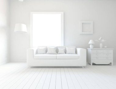 Bir beyaz İskandinav oturma odası iç kanepe ve bitki ile fikir. Ev nordic iç. 3D çizim 