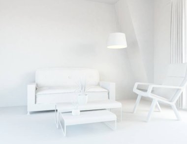 Beyaz Oda iç mobilya ile. İskandinav iç tasarım. 3D çizim
