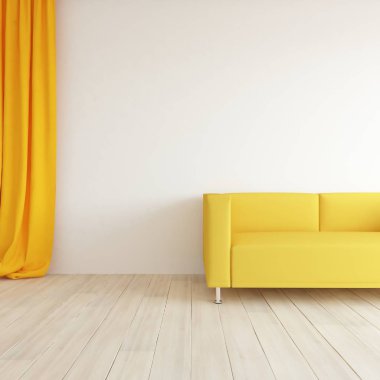 Bir beyaz İskandinav oturma odası iç kanepe ile fikir. Ev nordic iç. 3D çizim 