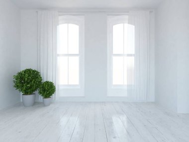 Beyaz boş İskandinav odası iç ahşap zemin üzerinde bitkiler ile fikir. Ev nordic iç. 3D çizim 