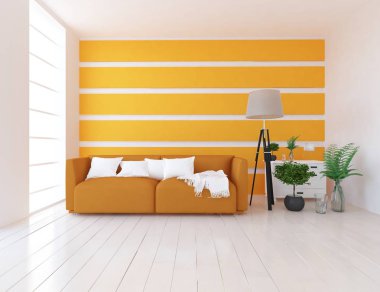 İskandinav oturma odası iç kanepe, bitkiler ve ahşap zemin ile fikir. Ev nordic iç. 3D çizim 