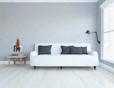 Bir beyaz İskandinav oturma odası iç kanepe ile fikir. Ev nordic iç. 3D çizim 