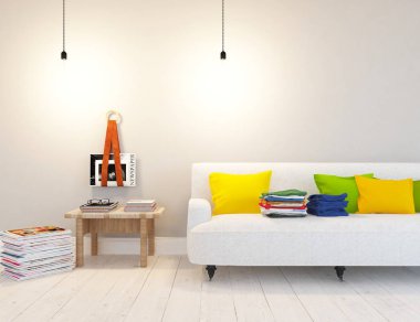 Bir beyaz İskandinav oturma odası iç kanepe ile fikir. Ev nordic iç. 3D çizim 