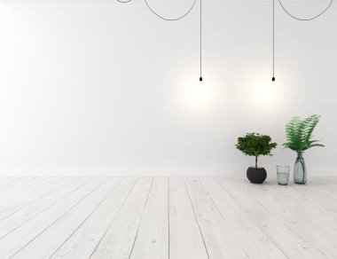 Beyaz boş İskandinav odası iç ahşap zemin üzerinde bitkiler ile fikir. Ev nordic iç. 3D çizim 
