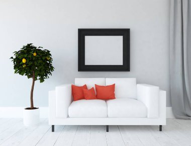 Bir beyaz İskandinav oturma odası iç kanepe ve bitki ile fikir. Ev nordic iç. 3D çizim 