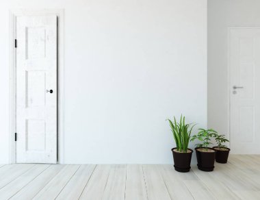 Beyaz boş İskandinav odası iç ahşap zemin üzerinde bitkiler ile fikir. Ev nordic iç. 3D çizim 