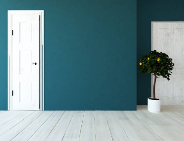 Beyaz boş İskandinav odası iç ahşap zemin üzerinde bitki ile fikir. Ev nordic iç. 3D çizim - illüstrasyon