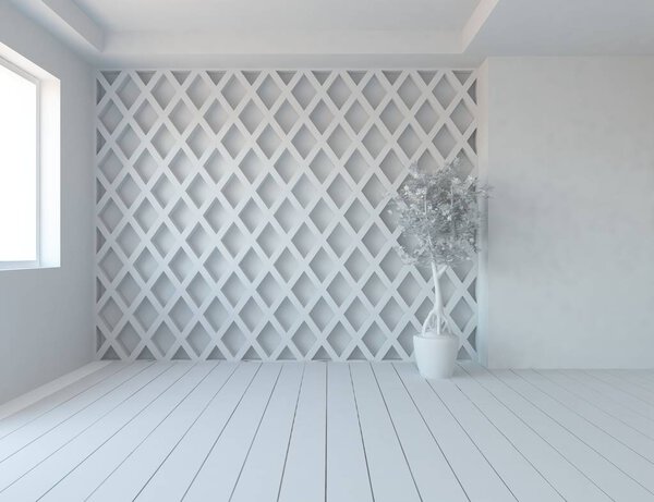 Idea of a white empty scandinavian room interior with plant on wooden floor  . Home nordic interior. 3D illustration - Illustration