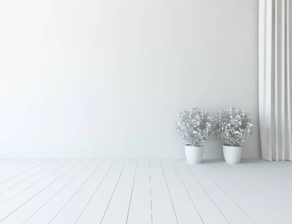 Beyaz Boş Skandinav Odası Ahşap Zemin Üzerinde Bitkiler Ile Fikir — Stok fotoğraf