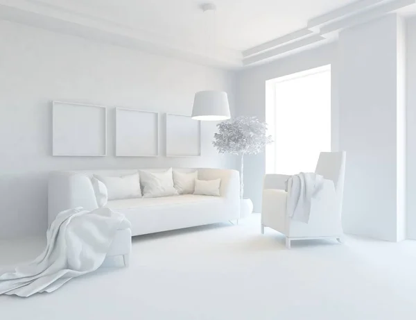 Představu Interiéru Bílého Skandinávského Obývací Pokoj Pohovkou Rostlin Domácí Severské — Stock fotografie
