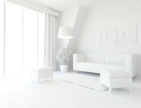 Představu Interiéru Bílého Skandinávského Obývací Pokoj Pohovkou Rostlin Domácí Severské — Stock fotografie