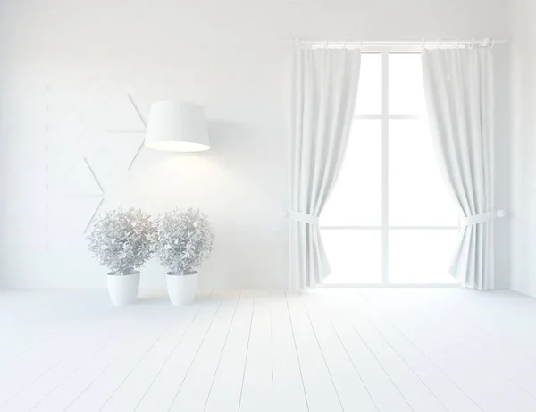 Idea of a white empty scandinavian room interior with plants on wooden floor . Home nordic interior. 3D illustration