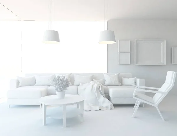 Idea Wnętrza Biały Skandynawski Salon Sofą Roślin Strona Główna Wnętrz — Zdjęcie stockowe