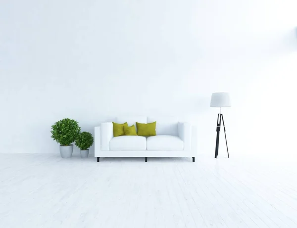 Idéia Interior Sala Estar Escandinavo Branco Com Sofá Plantas Piso — Fotografia de Stock