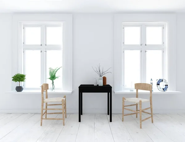 Idea of a white scandinavian living room interior with sofa ,plants and wooden floor  . Home nordic interior. 3D illustration