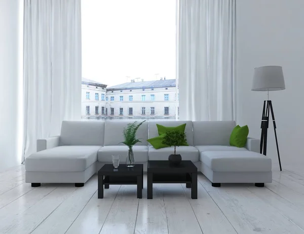 Idea Soggiorno Scandinavo Bianco Interno Con Divano Piante Pavimento Legno — Foto Stock