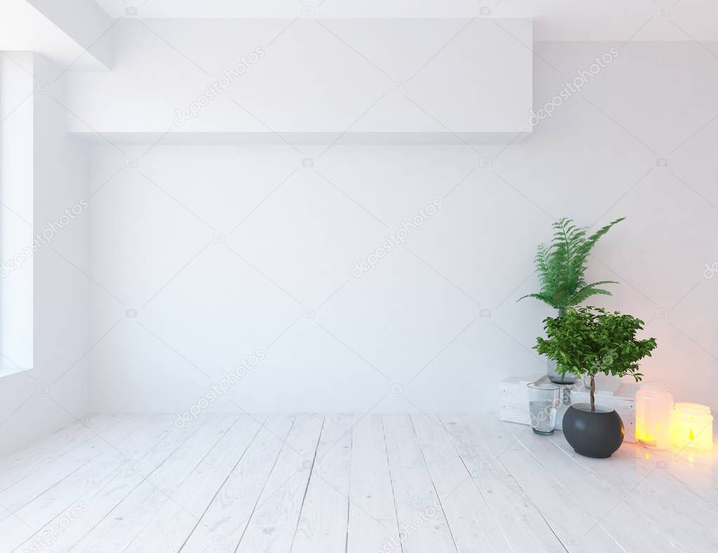 Idea of a white empty scandinavian room interior with plants on wooden floor . Home nordic interior. 3D illustration 
