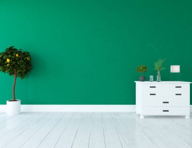 Boş İskandinav odası iç ahşap zemin üzerinde bitkiler ile fikir. Ev nordic iç. 3D çizim 