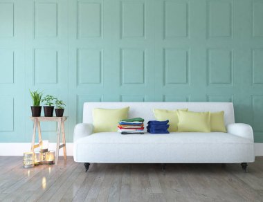 İskandinav oturma odası iç kanepe, bitkiler ve ahşap zemin ile fikir. Ev nordic iç. 3D çizim 