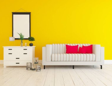 Bir sarı İskandinav oturma odası iç kanepe, bitkiler ve ahşap zemin ile fikir. Ev nordic iç. 3D çizim 