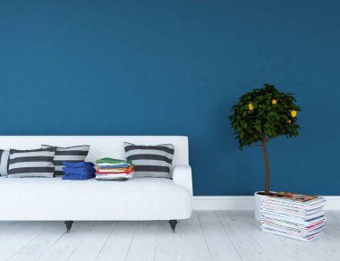 İskandinav oturma odası iç kanepe ve bitki ile fikir. Ev nordic iç. 3D çizim 