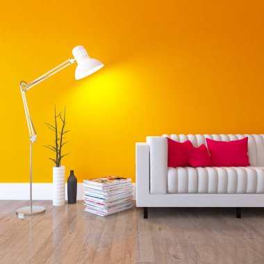 İskandinav oturma odası iç kanepe ve bitki ile fikir. Ev nordic iç. 3D çizim 