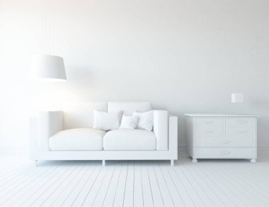 Beyaz Oda iç mobilya ile. İskandinav iç tasarım. 3D çizim