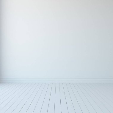 Beyaz boş İskandinav odası iç ahşap zemin ile fikir. Ev nordic iç. 3D çizim - illüstrasyon