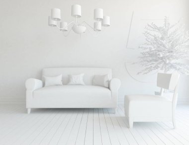 Beyaz Oda iç mobilya ile. İskandinav iç tasarım. 3D çizim