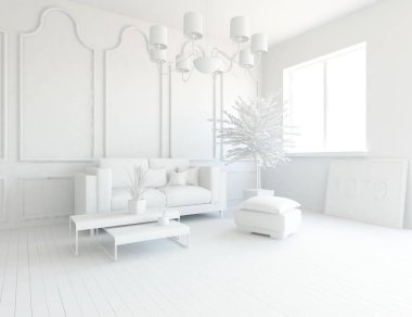 Beyaz Oda iç mobilya ile. İskandinav iç tasarım. 3D çizim