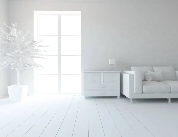 white room interior with furniture. Scandinavian interior design. 3d illustration