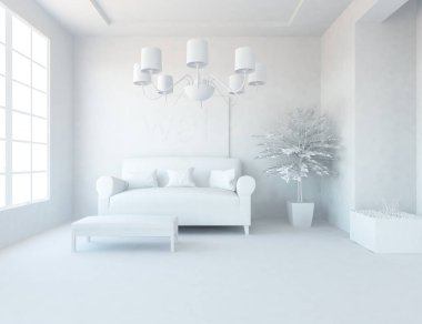 Beyaz Oda iç mobilya ile. İskandinav iç tasarım. 3D çizim