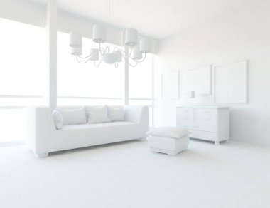 Beyaz Oda iç mobilya ile. İskandinav iç tasarım. 3D çizim