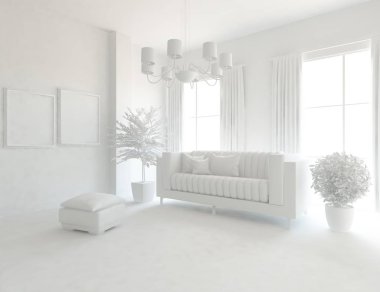 Beyaz Oda iç mobilya ile. İskandinav iç tasarım. 3D çizim