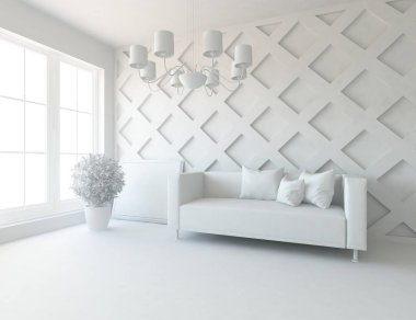 Beyaz Oda iç mobilya ile. İskandinav iç tasarım. 3D çizim