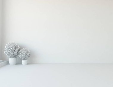 Beyaz boş İskandinav odası iç ahşap zemin üzerinde vazo ile fikir. Ev nordic iç. 3D çizim 