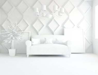 Beyaz Oda iç mobilya ile. İskandinav iç tasarım. 3D çizim