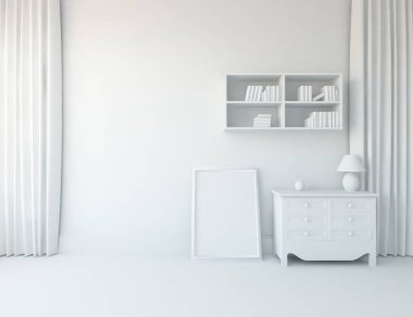 Boş İskandinav odası iç ahşap zemin üzerinde şifoniyer ile fikir. Ev nordic iç. 3D çizim