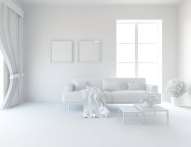 Beyaz Oda iç mobilya ile. İskandinav iç tasarım. 3D çizim