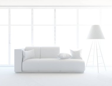 Beyaz Oda iç mobilya ile. İskandinav iç tasarım. 3D çizim